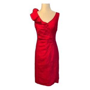 Nanette Lepore Larkspur Red Satin Ruffle Shoulder Sheath Midi Dress S